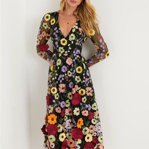 Impressive Blossom Black 3D Floral Embroidered Midi Dress